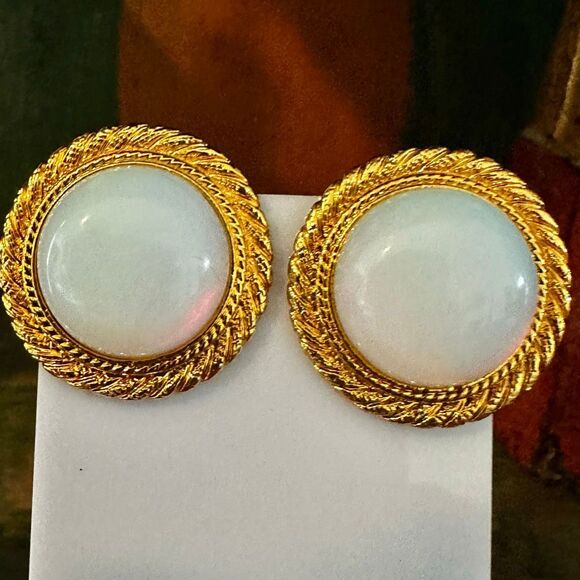 Birch Hill Gold-Tone Clip-On Earrings with White Domes - Picture 2 of 6
